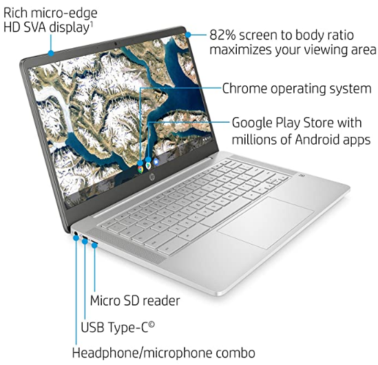 HP Chromebook 14-Inch HD Laptop, Intel Celeron N4000, 4 GB RAM, 32 GB eMMC, Chro...